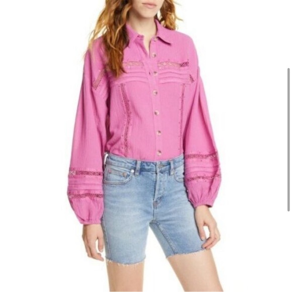 FREE PEOPLE Summer Stars Crochet Trim Boho Purple Pink Fuchsia Blouse Shirt M - Picture 3 of 15